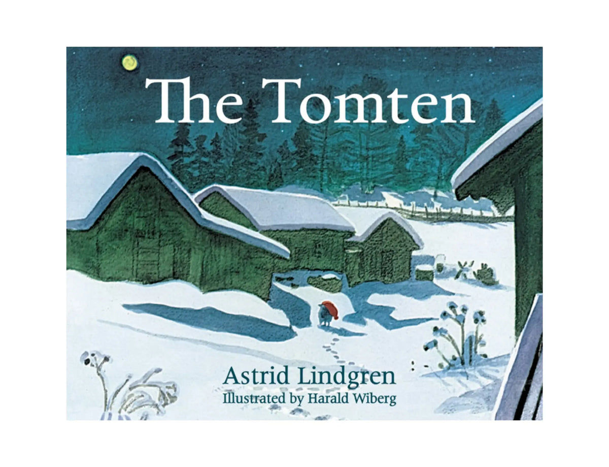 Book cover of 'The Tomten' by Astrid Lindgren with a snowy village scene.