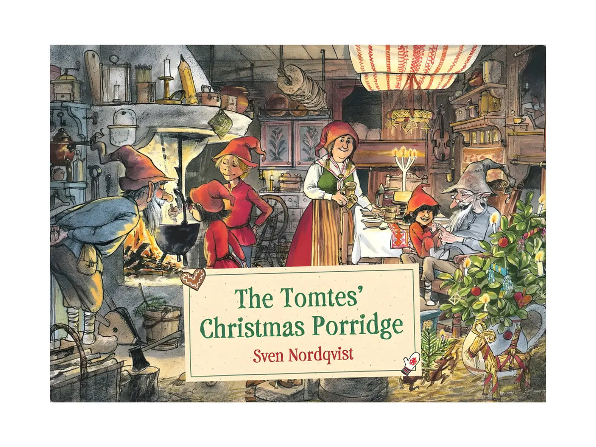 Book cover of 'The Tomtes' Christmas Porridge' with a festive scene illustration.