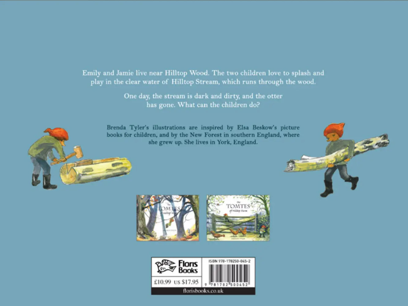 Book back cover with illustrations of children and text on a blue background