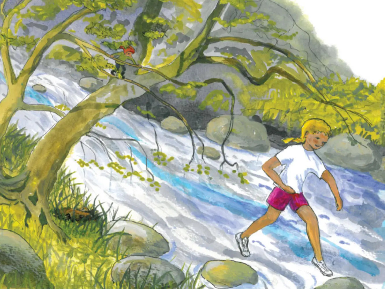 Illustration of a person walking along a stream in a forest