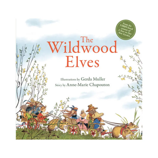 Book cover of 'The Wildwood Elves' with illustrations of elves and a mouse.