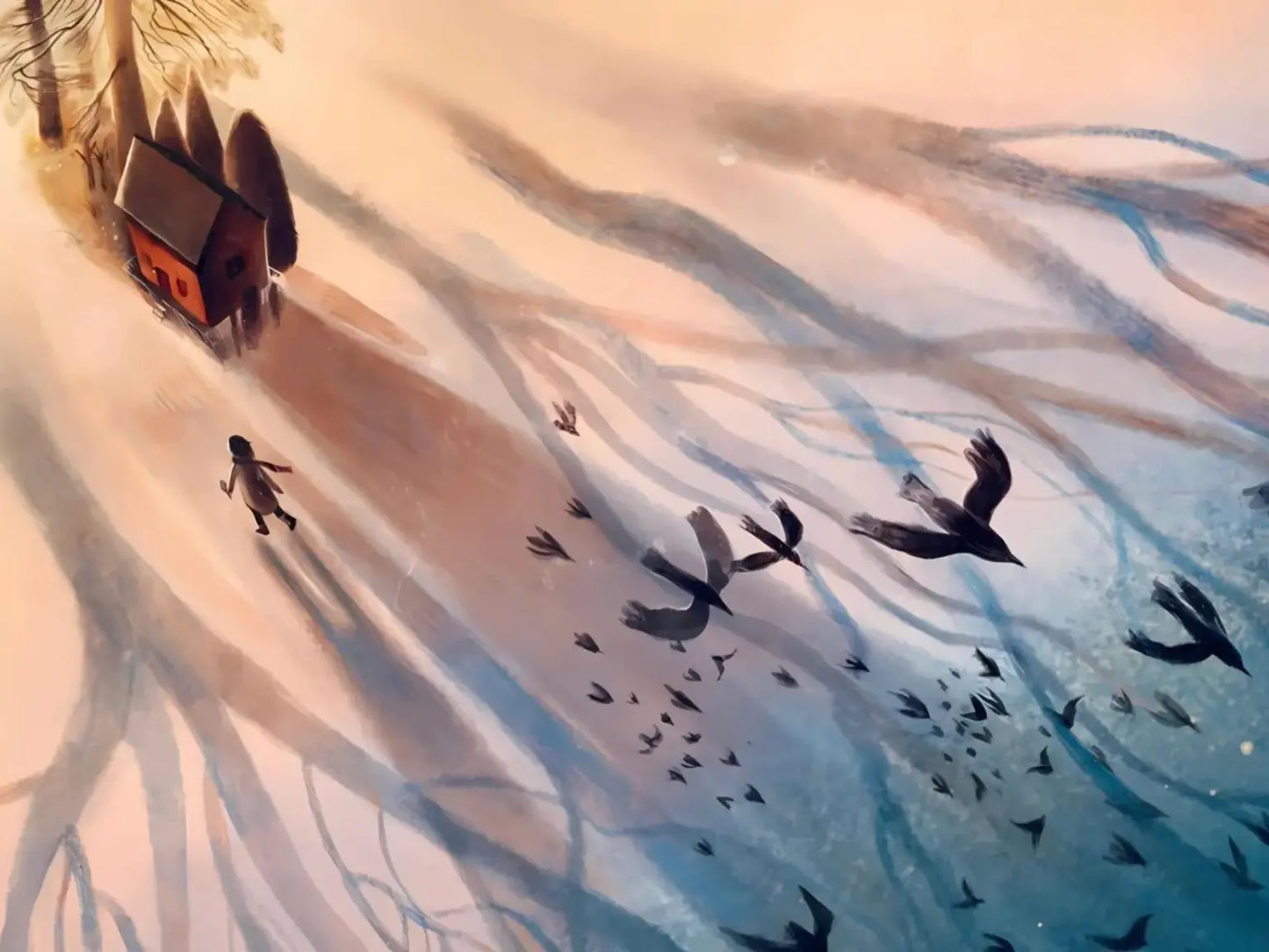 Artistic depiction of a person walking in a landscape with long shadows and birds flying