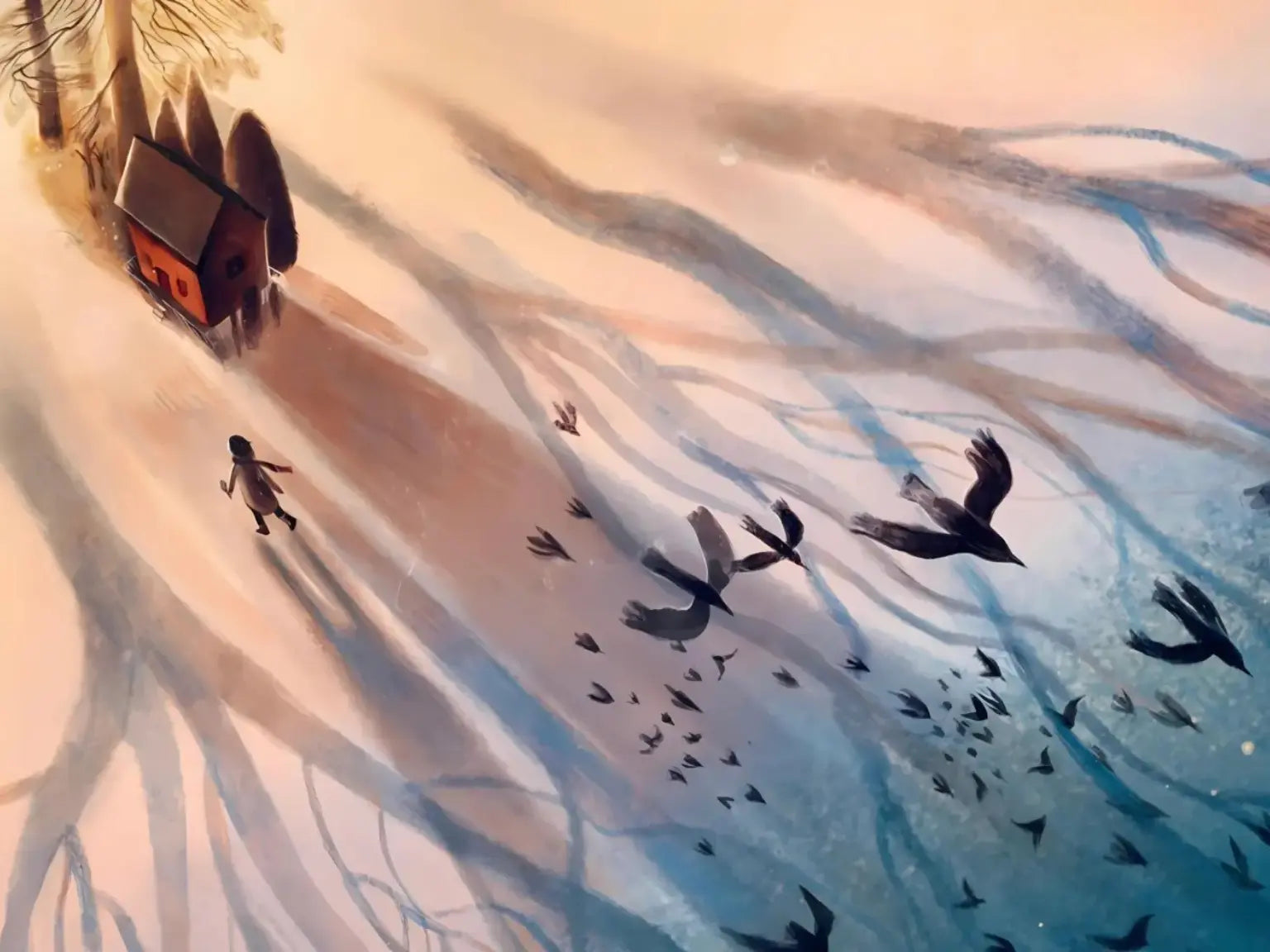 Artistic depiction of a person walking in a landscape with long shadows and birds flying