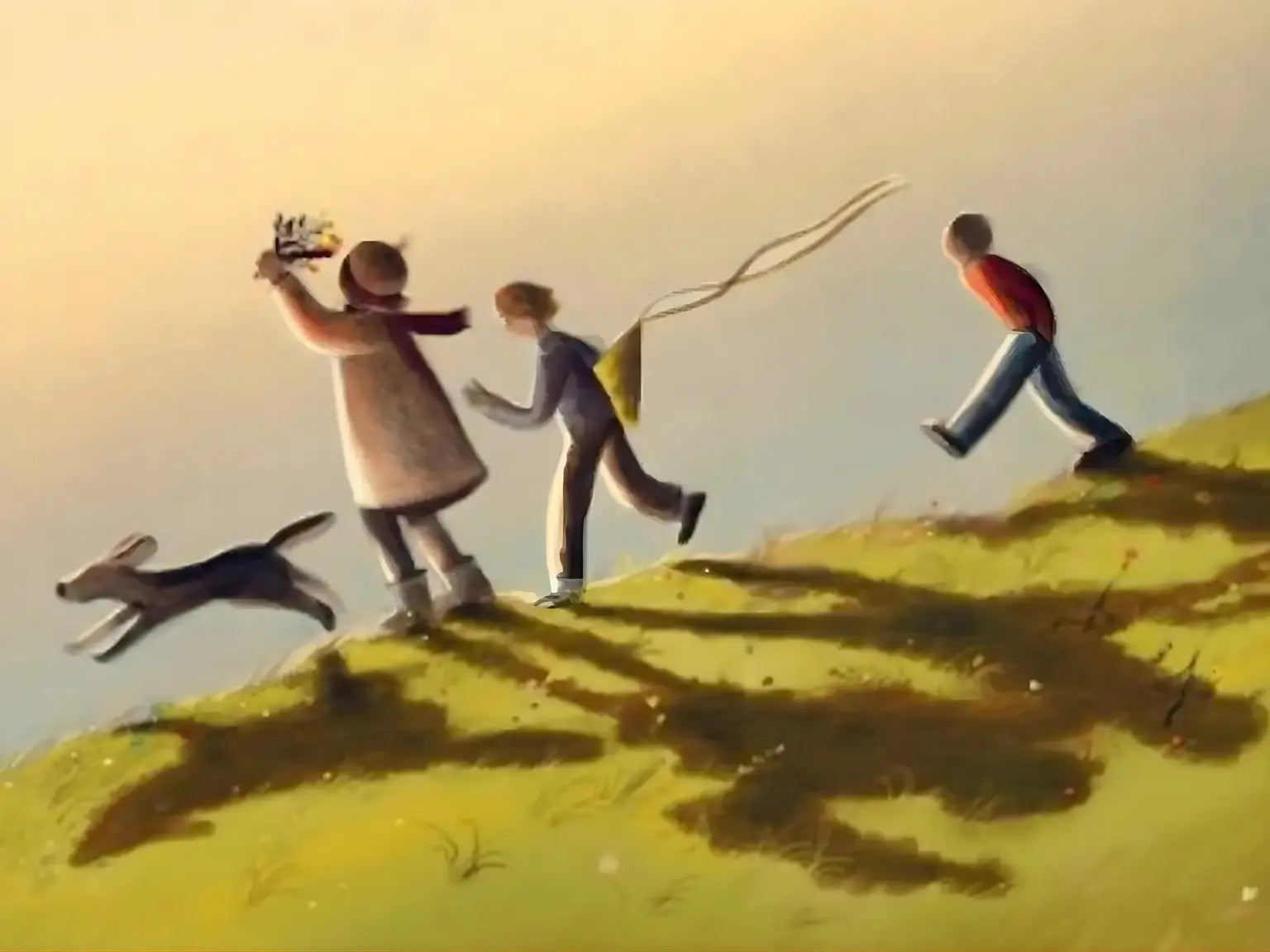 children and a dog playing on a hill with short shadows behind them