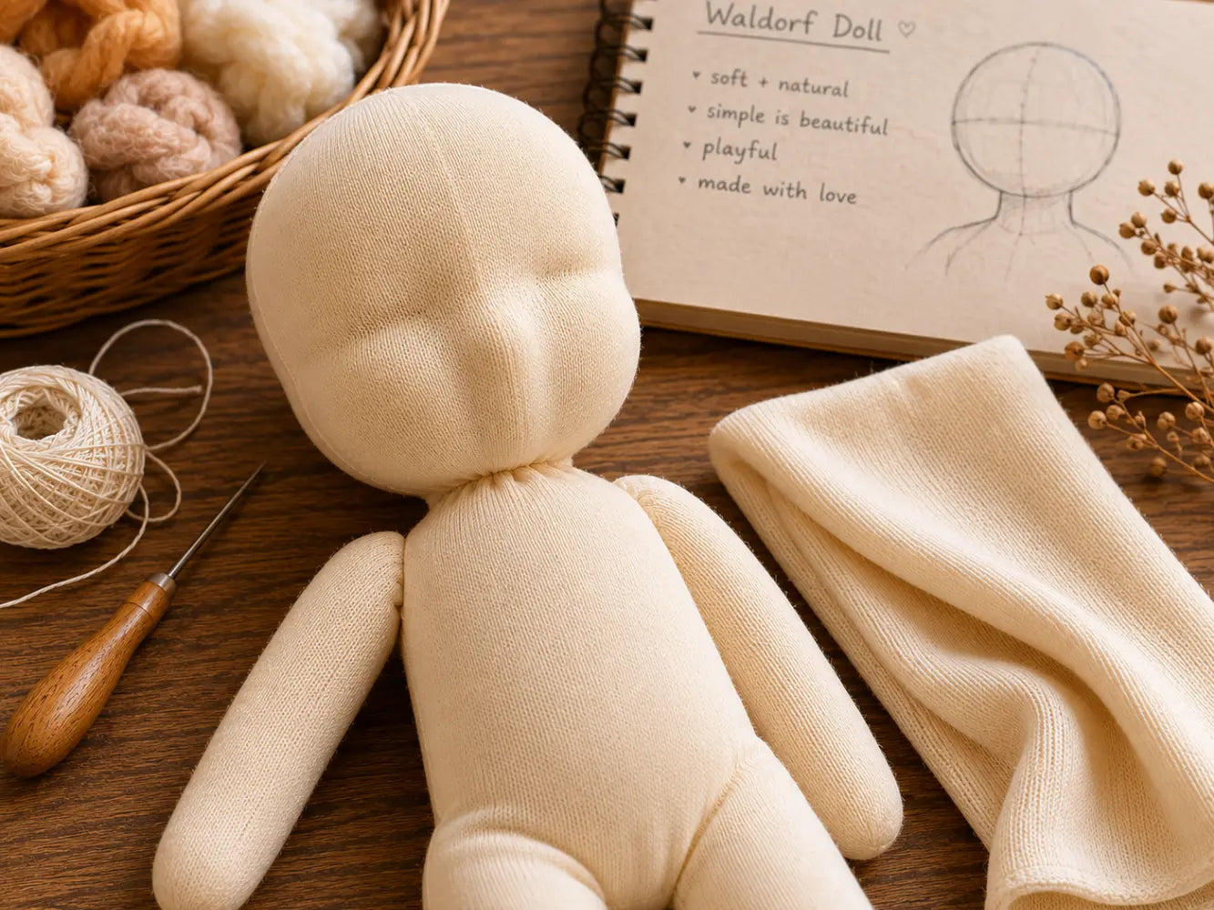 Waldorf doll in progress with thin cotton tricot underlayer showing subtle face shaping beneath the fabric.