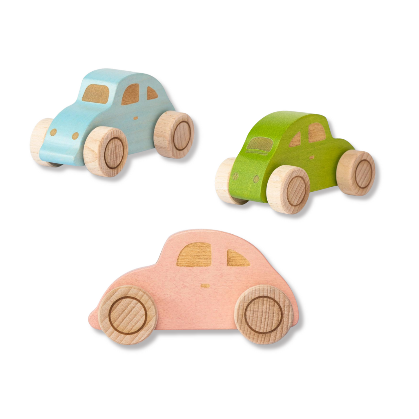 Three colorful wooden toy cars for toddlers and preschoolers side, back, front views