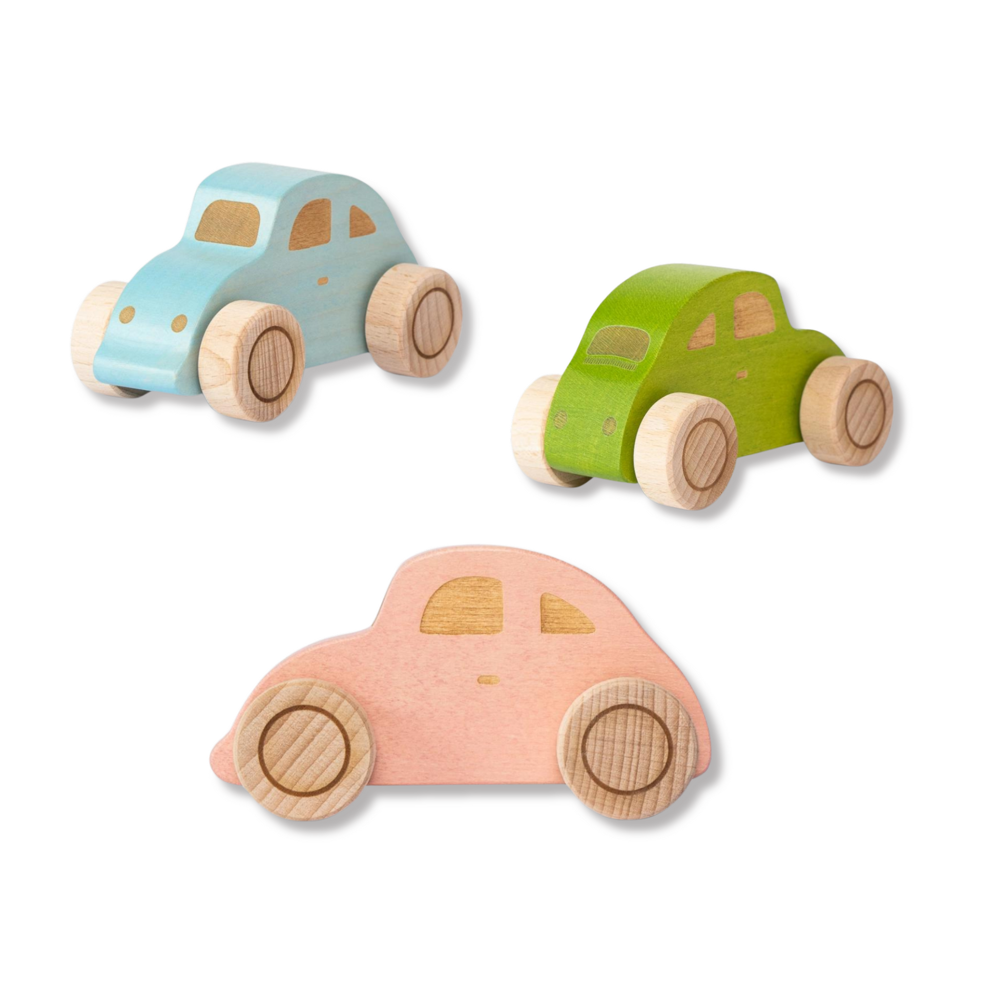 Three colorful wooden toy cars for toddlers and preschoolers side, back, front views