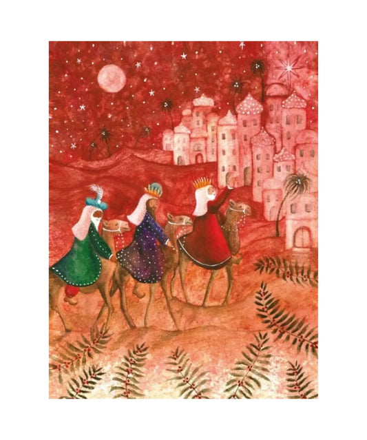 Three Kings Christmas postcard by Hansje Guurink of Bijdehansje showing the Magi riding camels beneath a red starry sky toward Bethlehem.