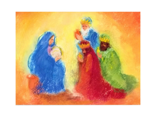 Three Kings Epiphany postcard depicting Mary holding baby Jesus as three crowned wise men offer gifts in a glowing pastel illustration.