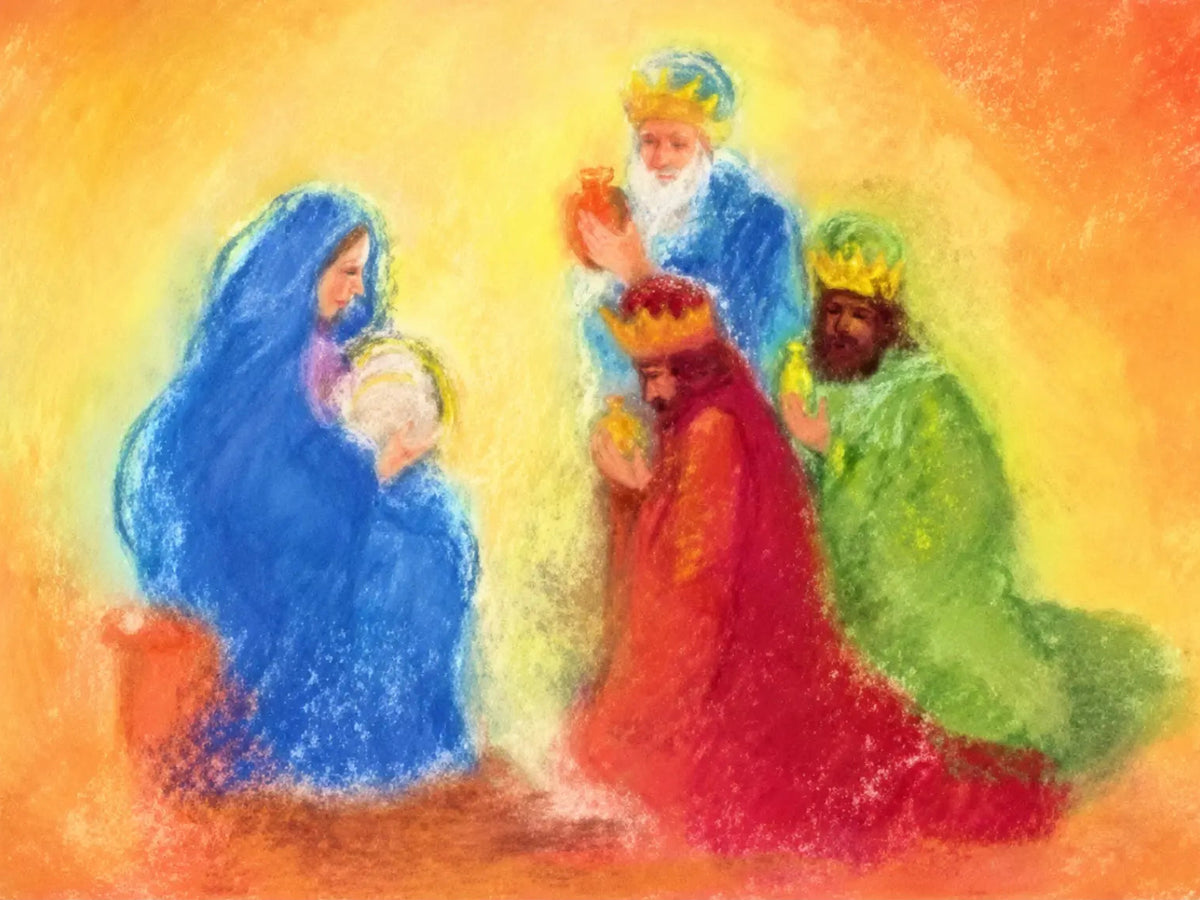Three Kings Epiphany postcard depicting Mary holding baby Jesus as three crowned wise men offer gifts in a glowing pastel illustration.