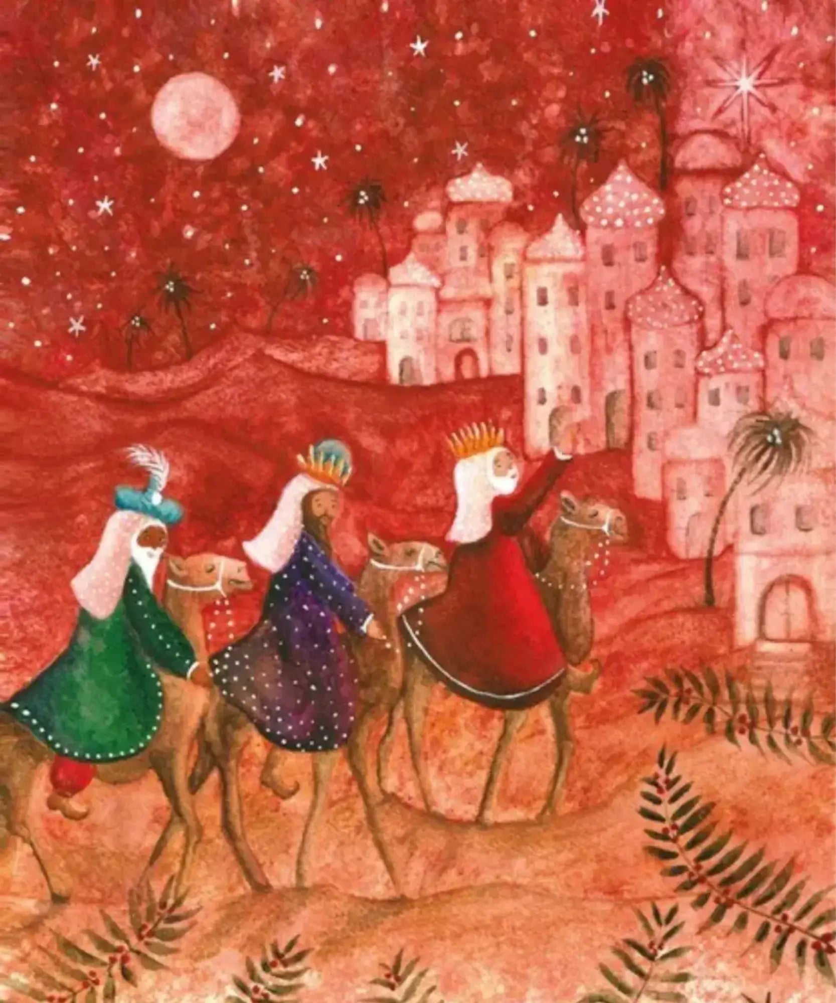 Close-up detail of the Three Kings postcard featuring the Magi journeying by camel toward Bethlehem beneath the Christmas star.