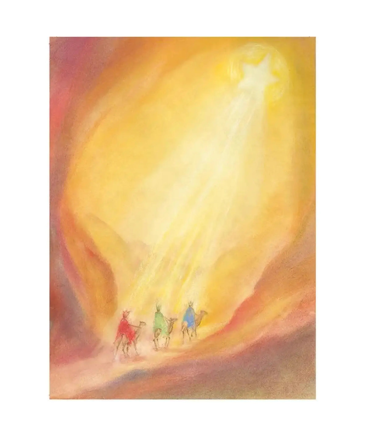 The Three Kings postcard by Marjan van Zeyl showing three travelers riding beneath a radiant guiding star through a warm landscape of golden yellow, amber, and rose.