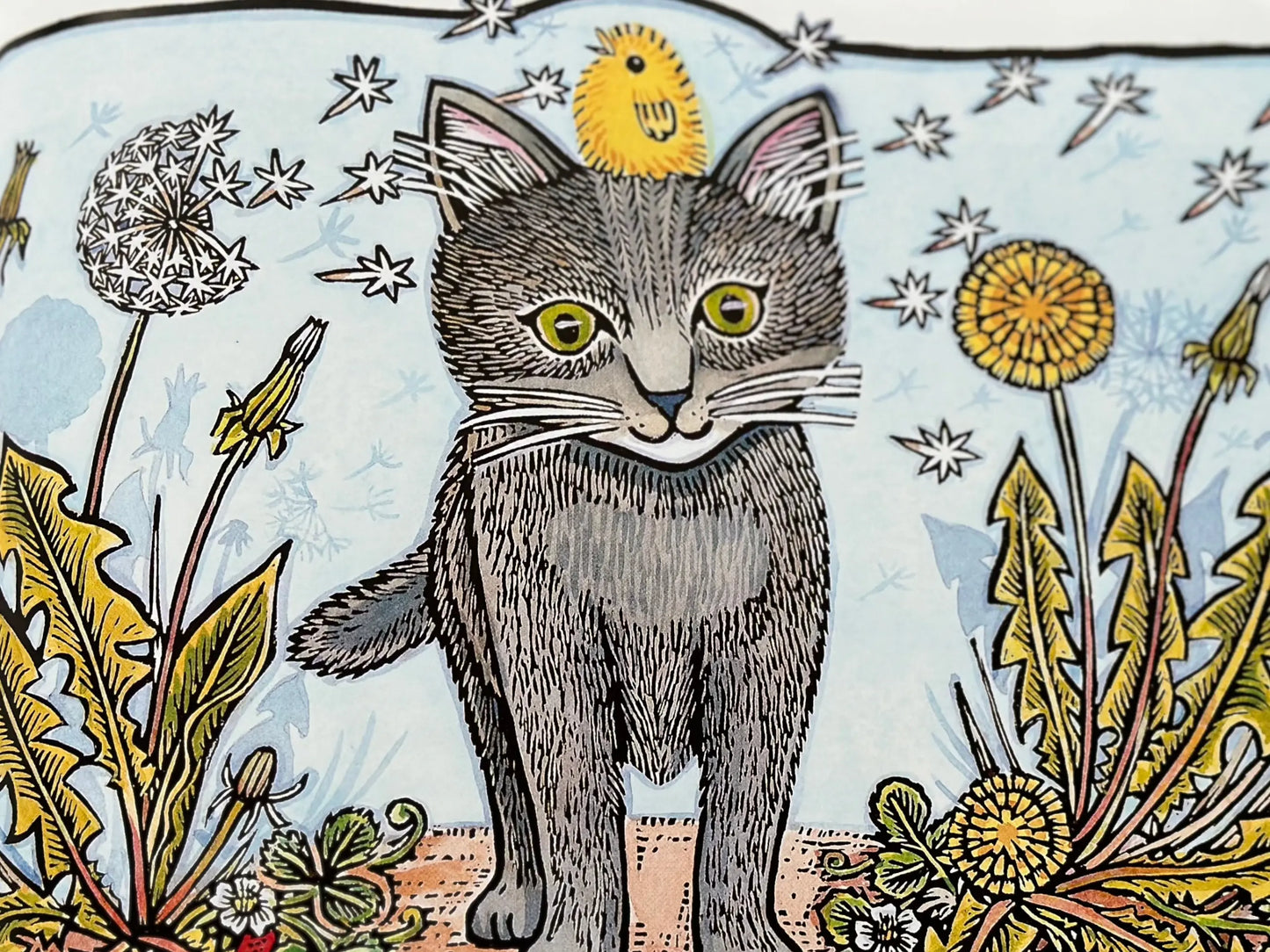 illustration from Trio The Tale of a Three-Legged Cat showing Trio walking with the small chick perched on his head