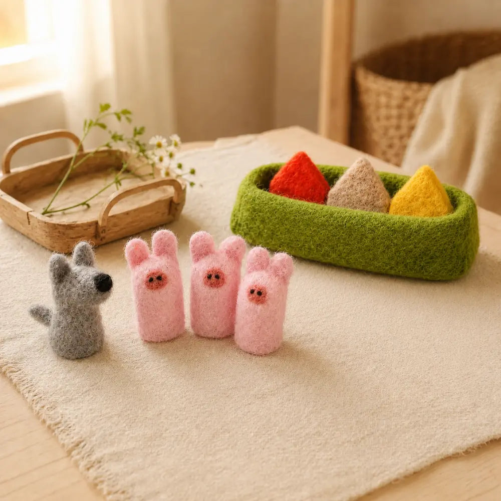 Three Little Pigs felt play set arranged on a cream linen mat with a wooden tray in soft natural light.