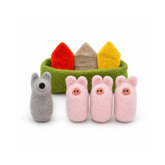 Three Little Pigs felt play set with three pigs, wolf, felt houses, and green pouch on a white background.