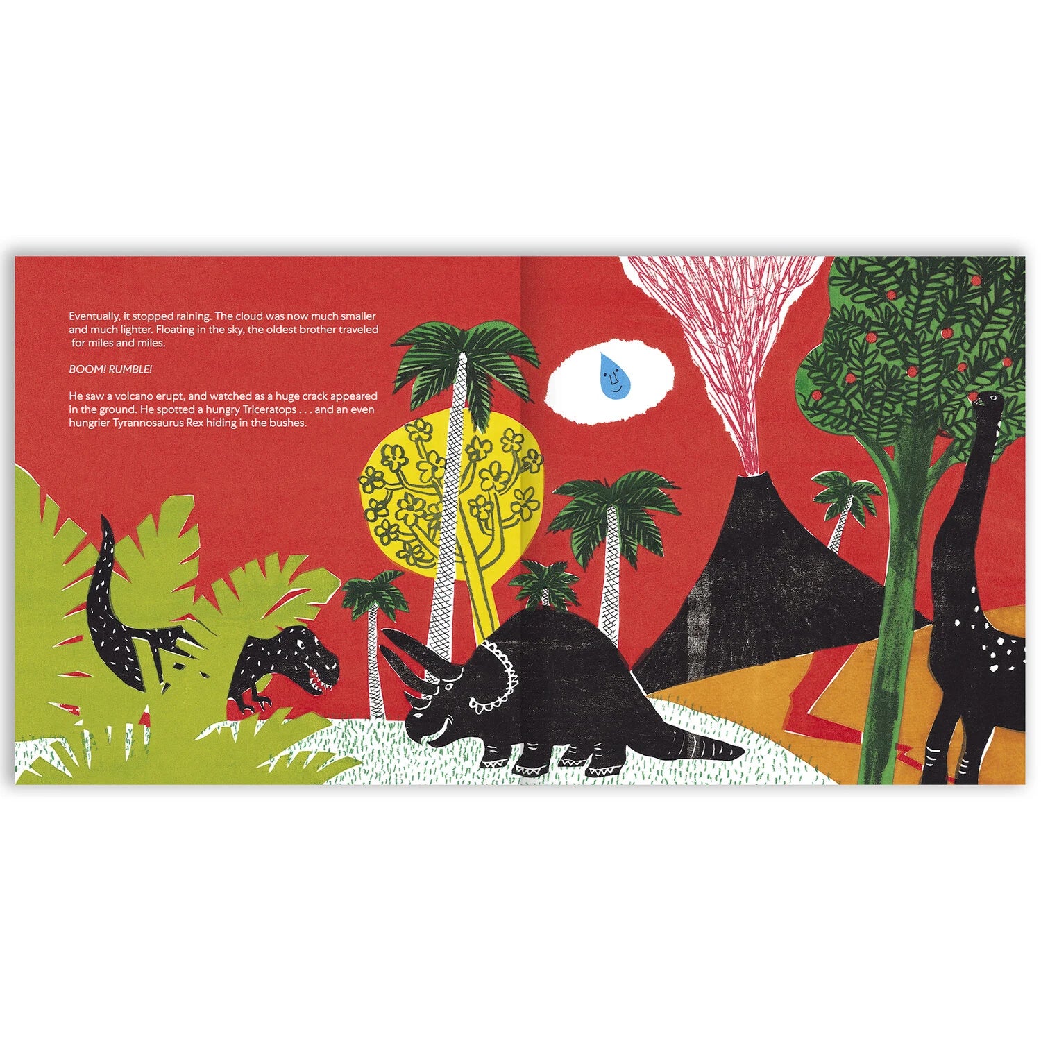 Colorful dinosaur rainforest illustration from The Three Water Drop Brothers water cycle picture book