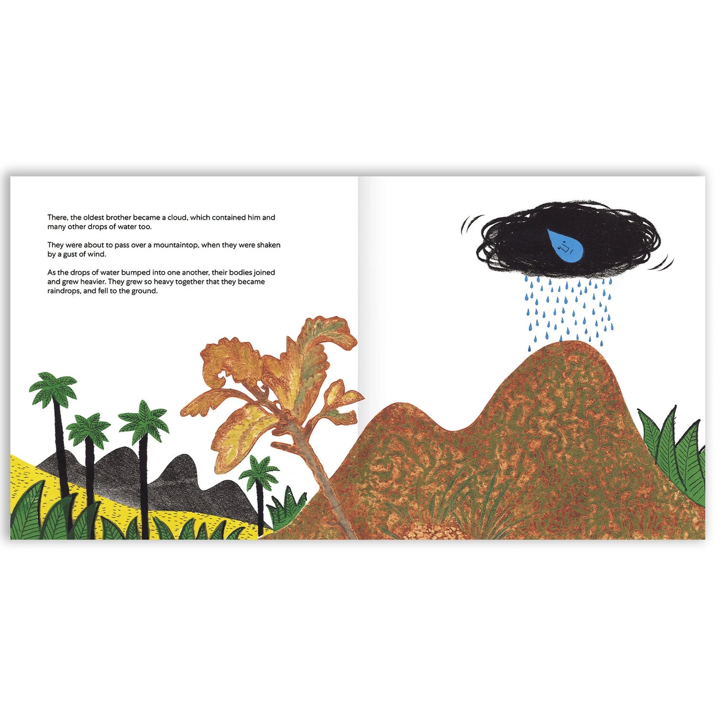 Water cycle landscape illustration from The Three Water Drop Brothers children’s science book