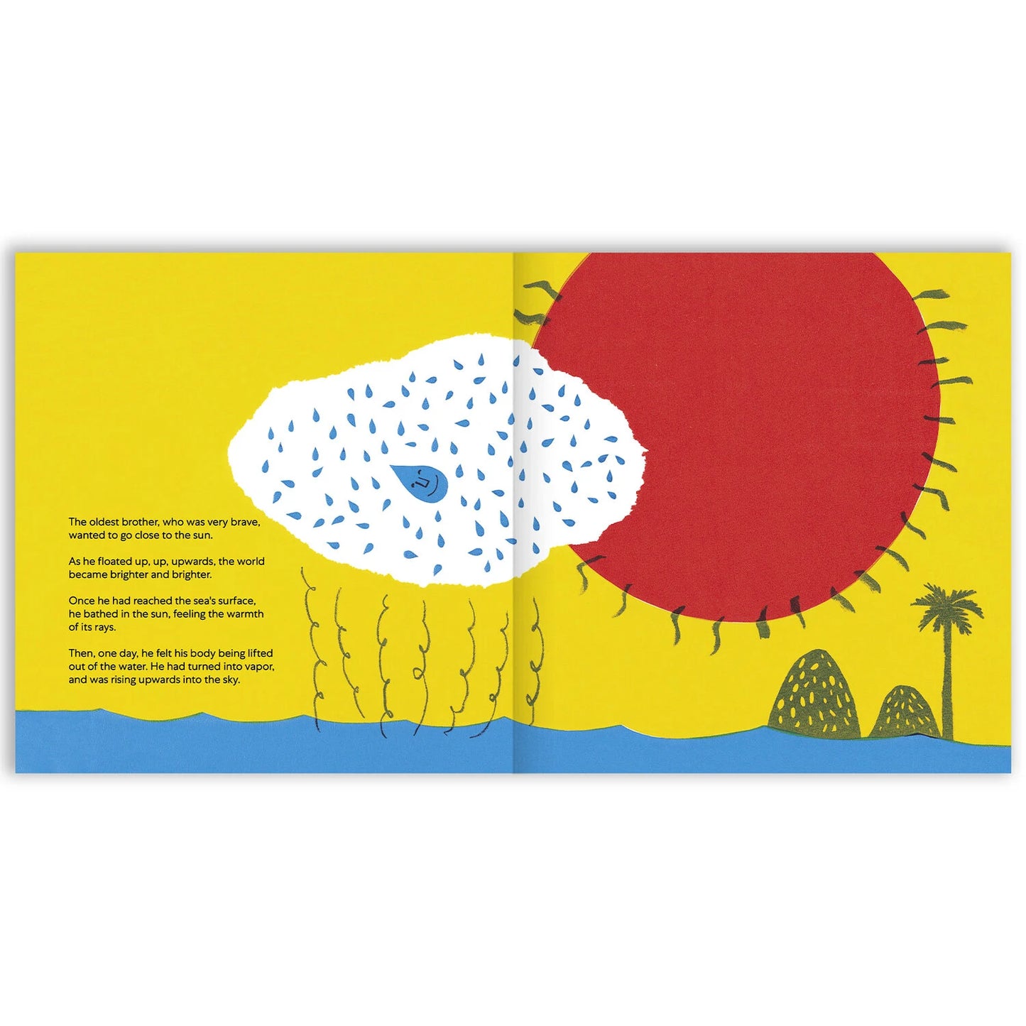 Illustrated rain cloud and evaporation spread from The Three Water Drop Brothers science picture book