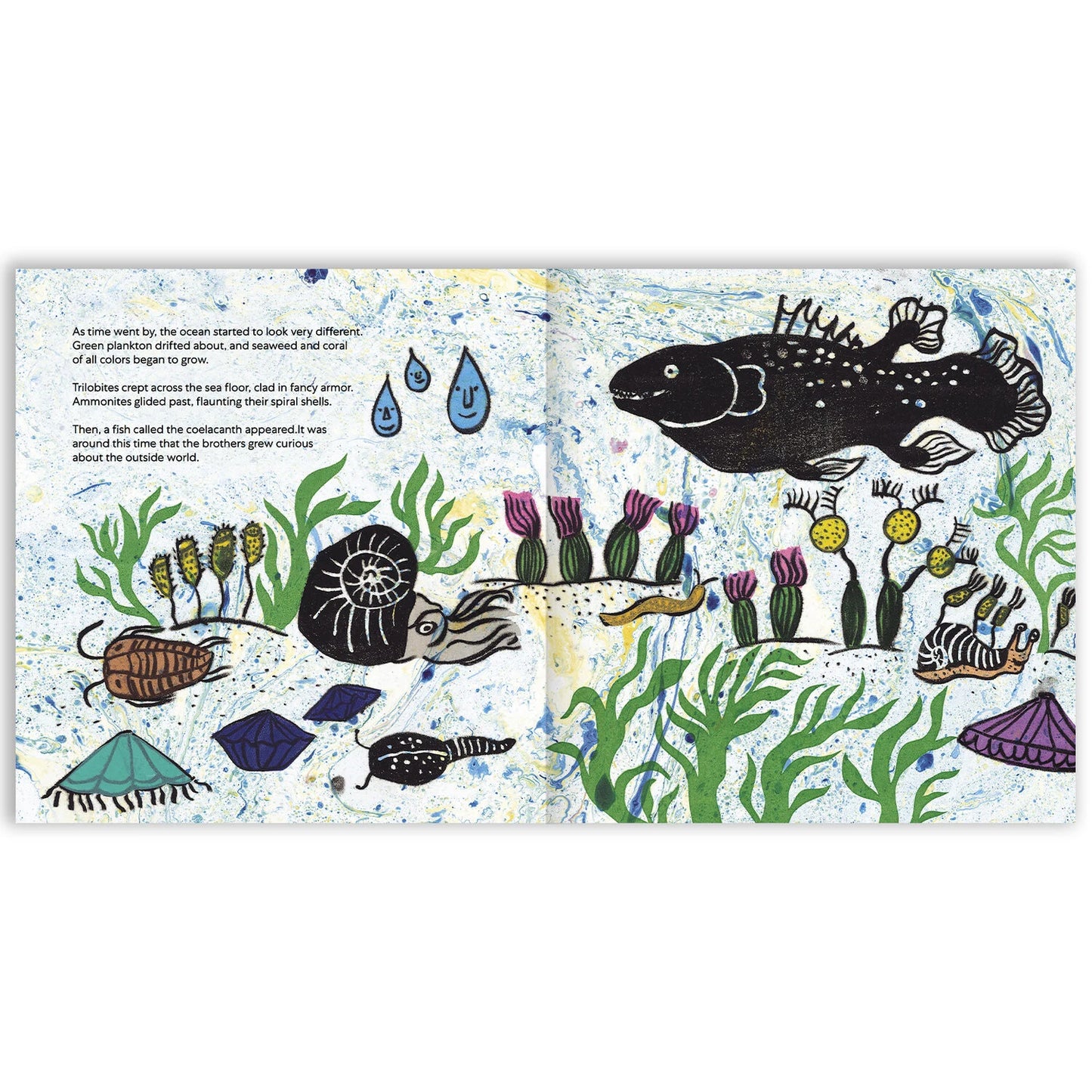 Interior spread from The Three Water Drop Brothers showing illustrated water cycle and prehistoric earth scenes