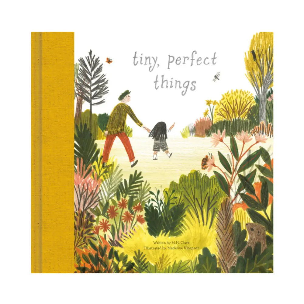 Book cover of 'tiny, perfect things' with illustration of two people walking through a forest.