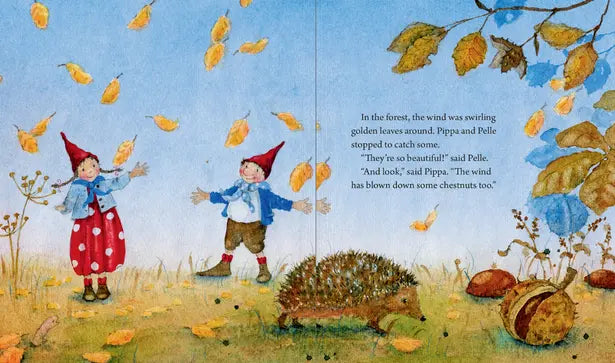 Illustration from a children's book showing two children and a hedgehog in an autumn setting.