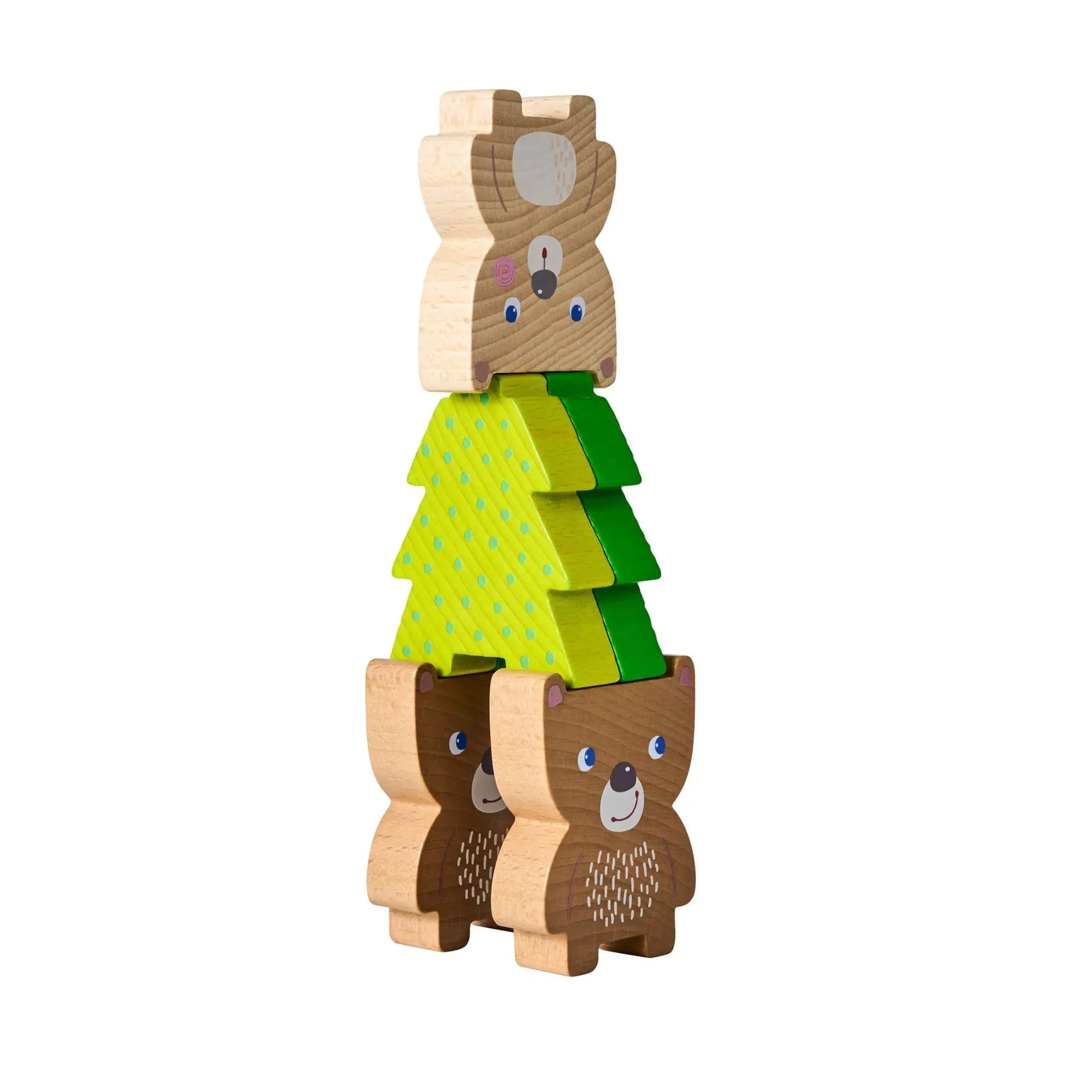Wooden toy stacker with bear and tree design on a white background