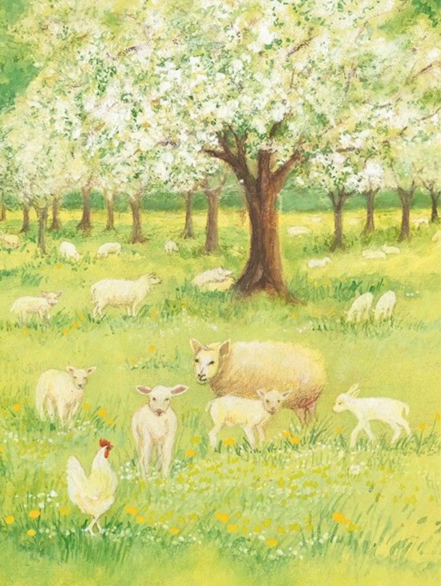Sheep and a chicken in a field with blooming trees