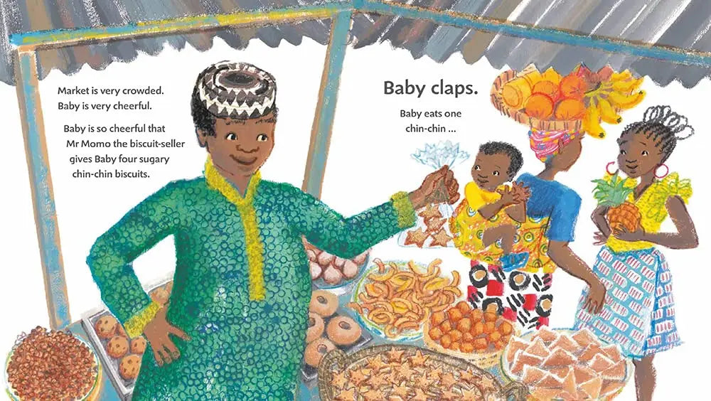 Illustration of a child in a green outfit clapping with a market scene in the background