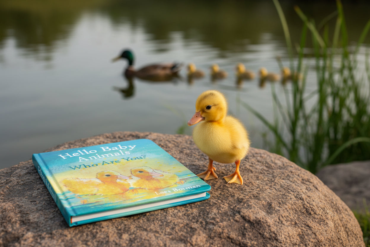 Yellow duckling standing on a rock next to a children's book with ducks on the cover, with ducks in the background on water.