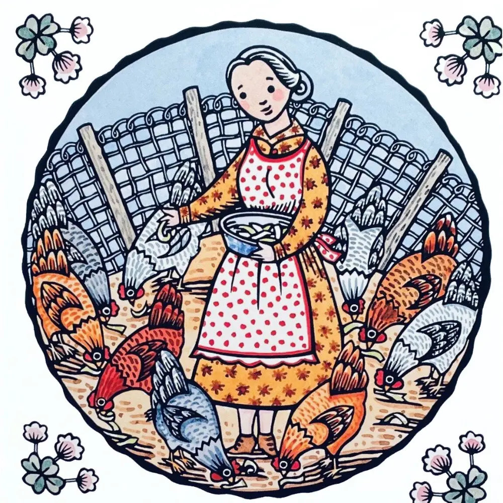 Illustration of a woman feeding chickens with a decorative border and flowers.