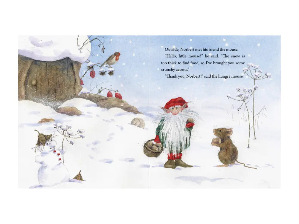 illustration of a gnome in snow with a mouse