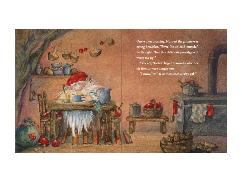 illustration of a gnome inside a home with wooden table and wood stove