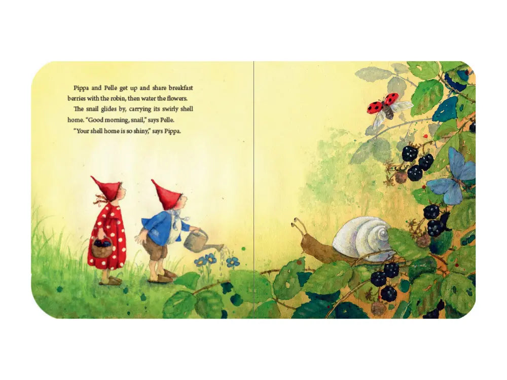 illustration of two gnome children, a snail and blackberries from a board book