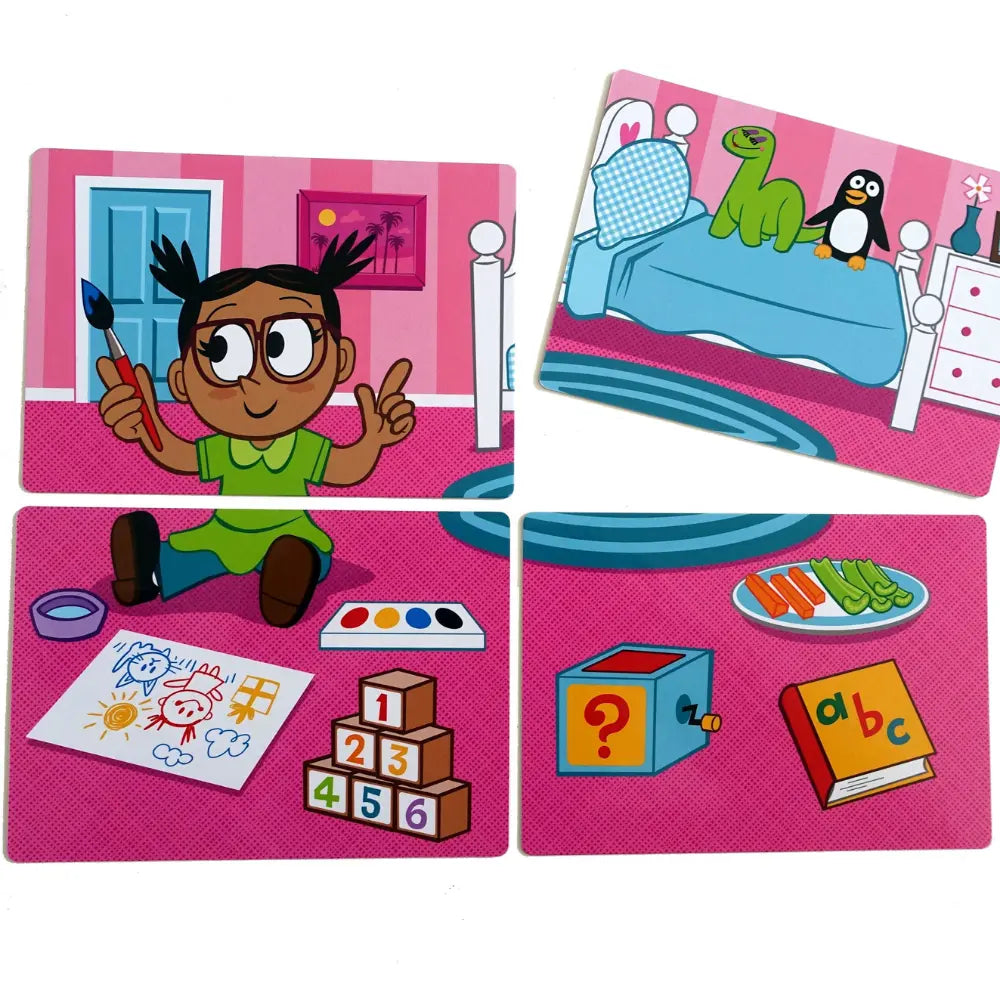 Four colorful children's placemats with cartoon illustrations on a pink background