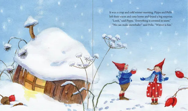 Illustration of two children in winter clothing standing near a snow-covered house with text on a snowy background.