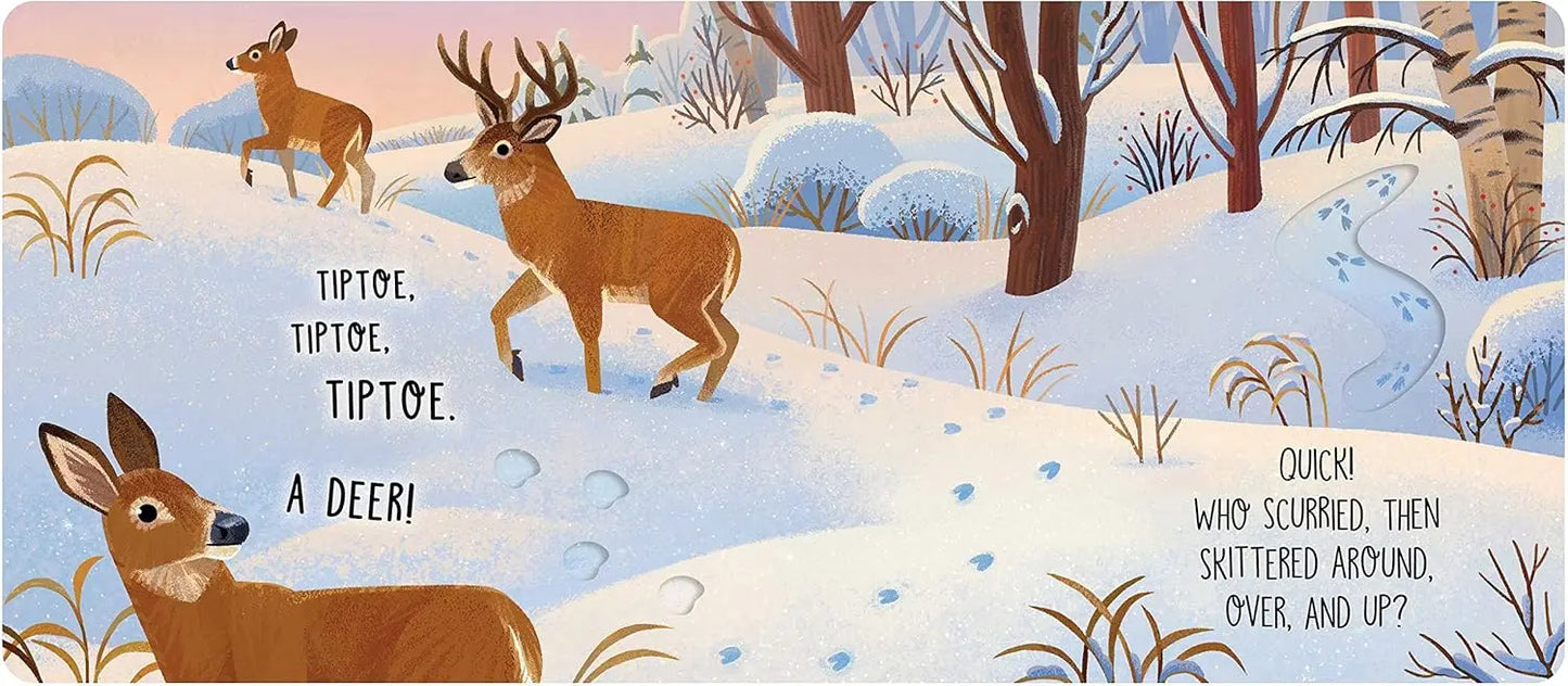 Illustration of deer in a snowy landscape with text