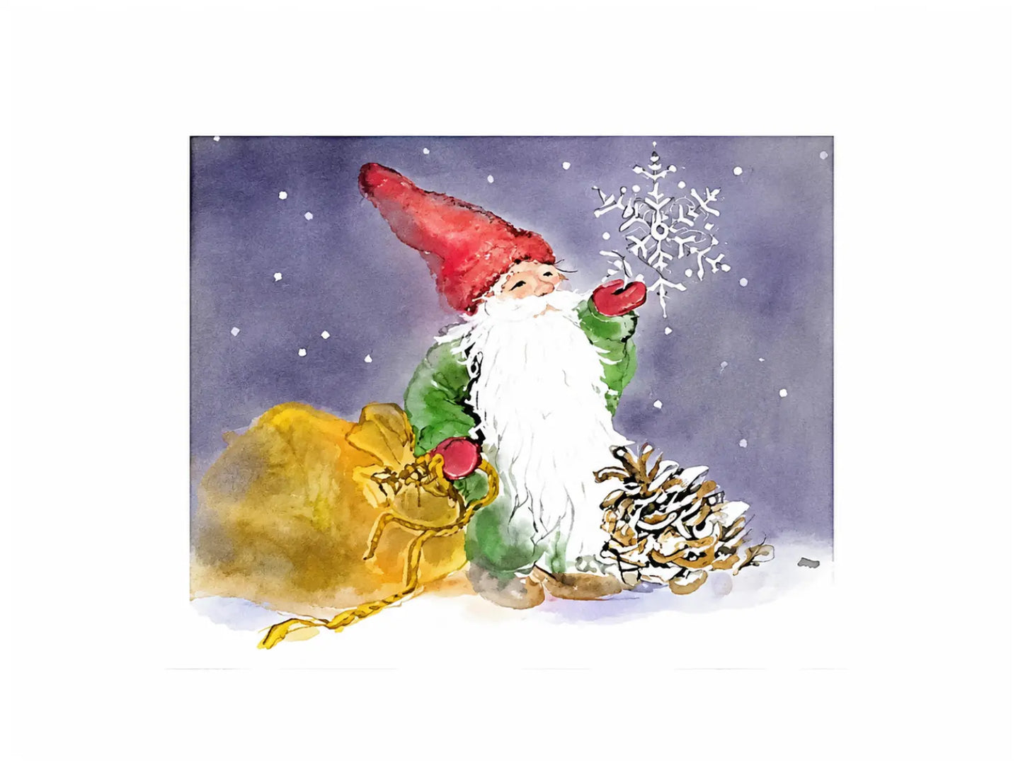 Tommy Tomten from the Limindoor Woods series holding a snowflake in a winter watercolor illustration
