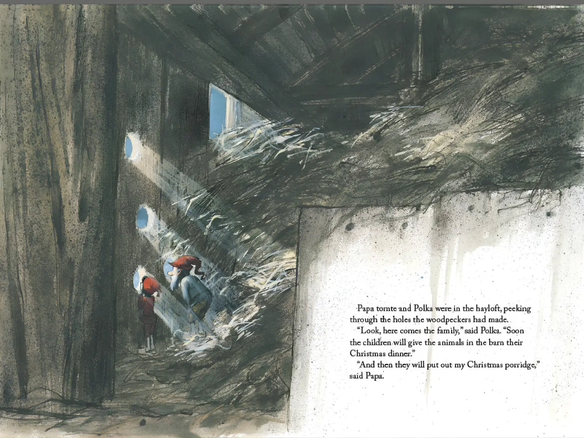 Illustration of children in a hayloft with text on a white background