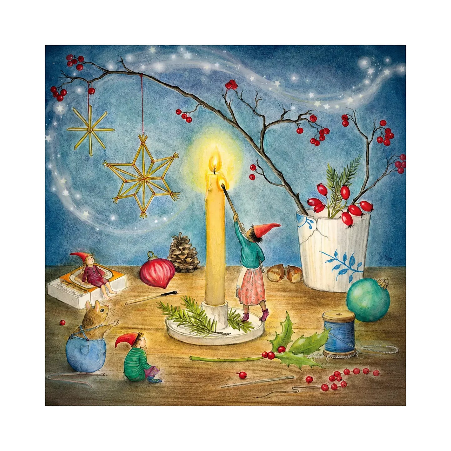Preparing for Christmas artwork by Mhairi Hellbrandt with candlelight, straw stars, and tiny figures