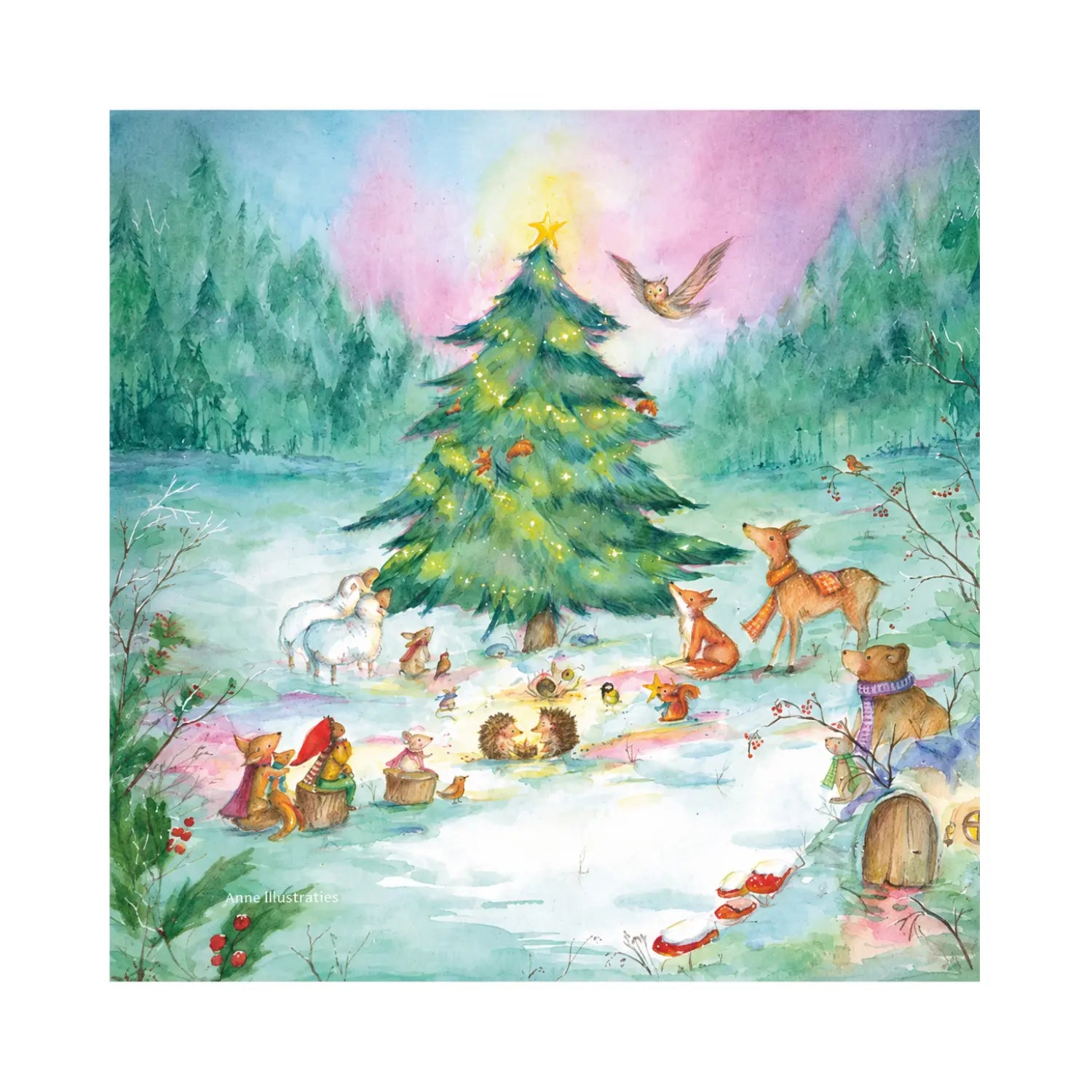 Yuletree Grove artwork by Anne Illustraties with a glowing evergreen, woodland animals, tiny forest folk, and an owl in a snowy winter forest