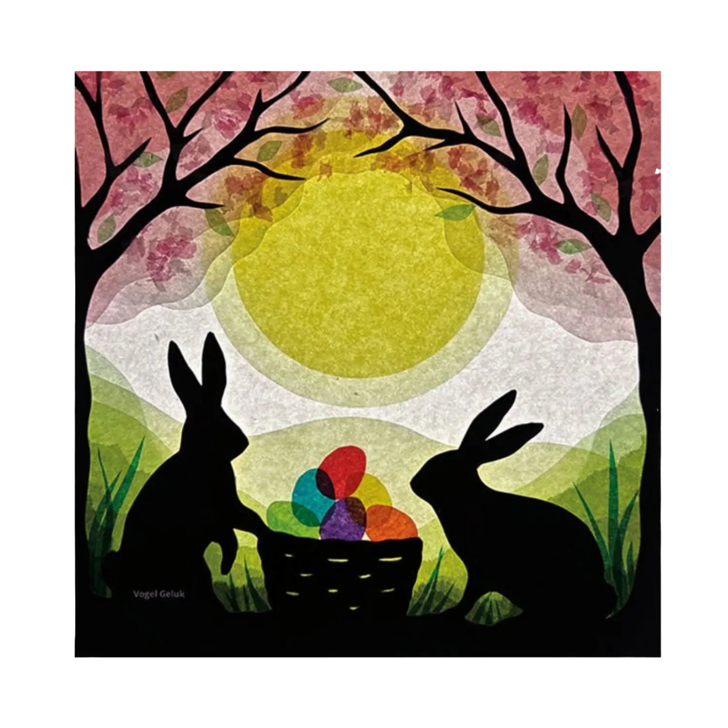 Toverlux Easter lamp plate by Vogel Geluk called Bunny Treasures showing an Easter Basket with eggs