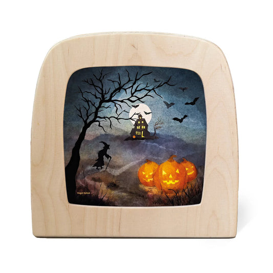 Halloween lamp plate of jack-o-lanterns, a witch and scary house under a full moon with bats in a Toverlux frame