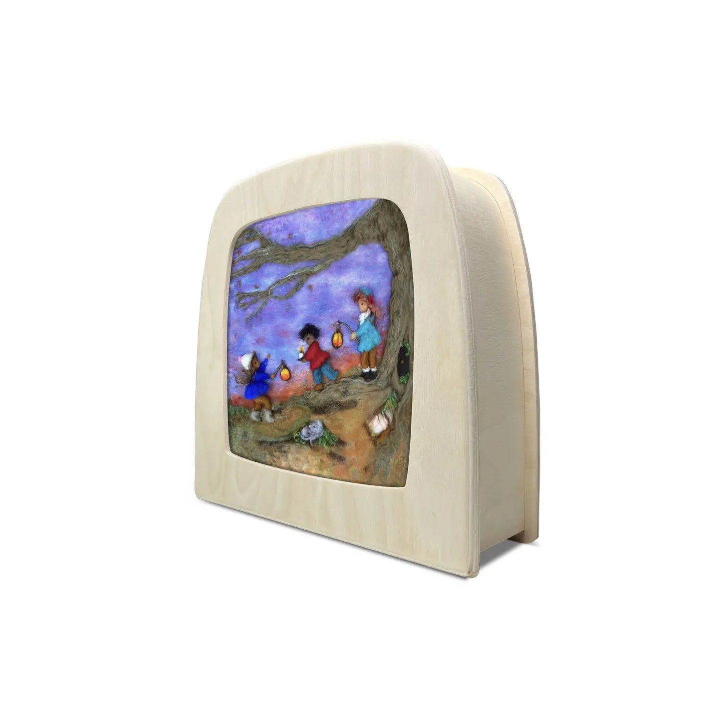 Toverlux Lamp side view with a lamp plate image panel and natural wood frame