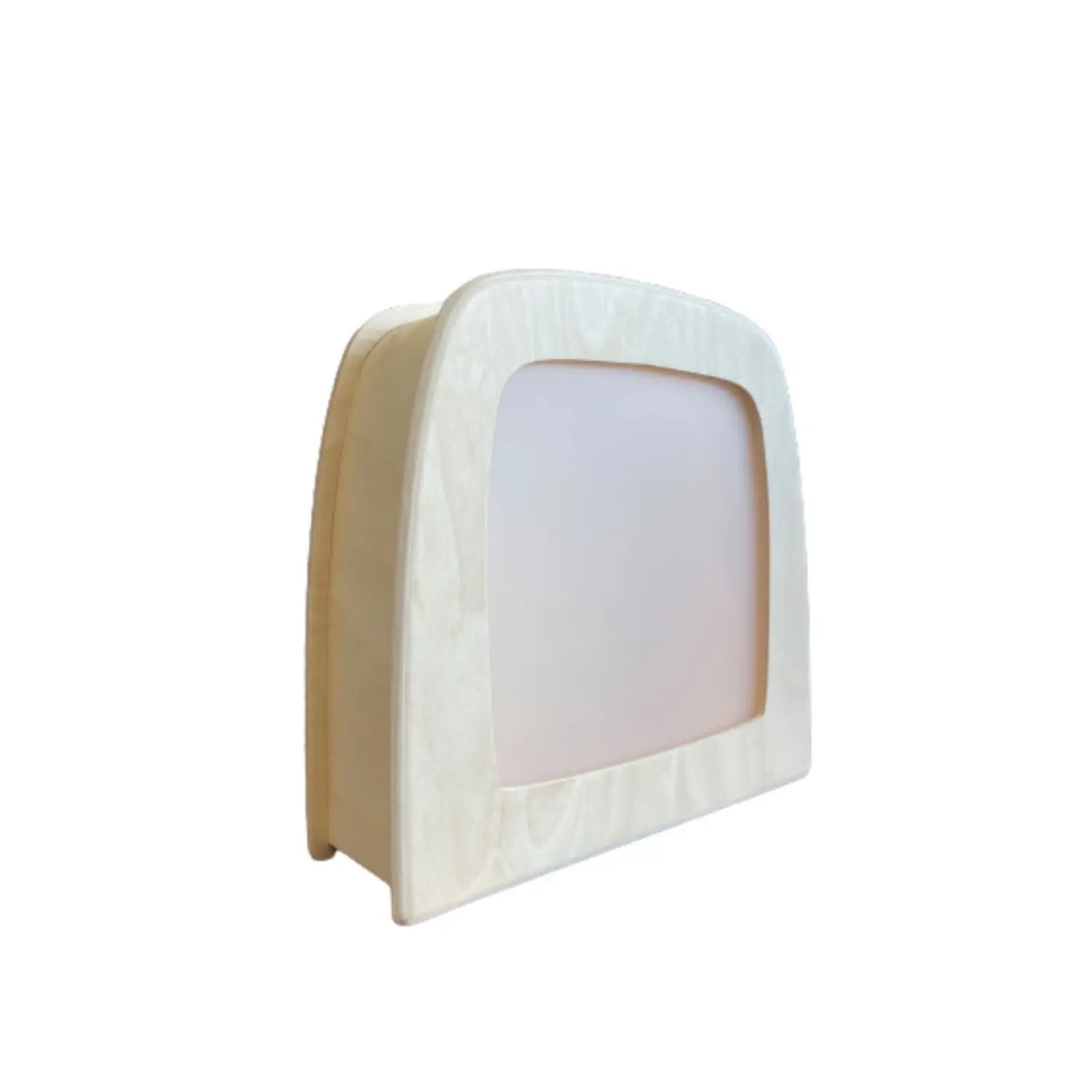 Toverlux Lamp side view with plain frosted panel and natural wood frame