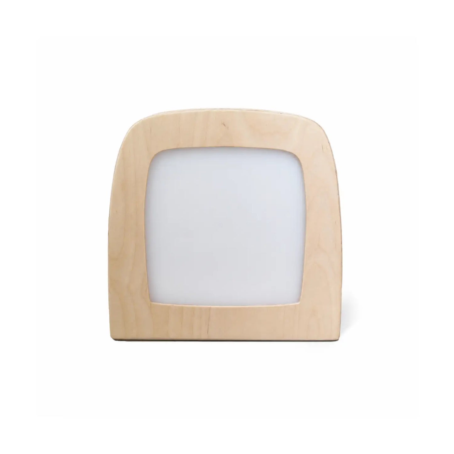 Toverlux Lamp front view with plain frosted panel and natural wood frame