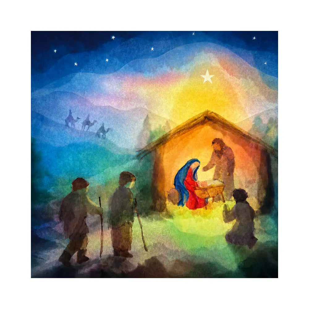 Toverlux lamp plate with Mary, Joseph, baby, shepherds, star, and winter Nativity scene.