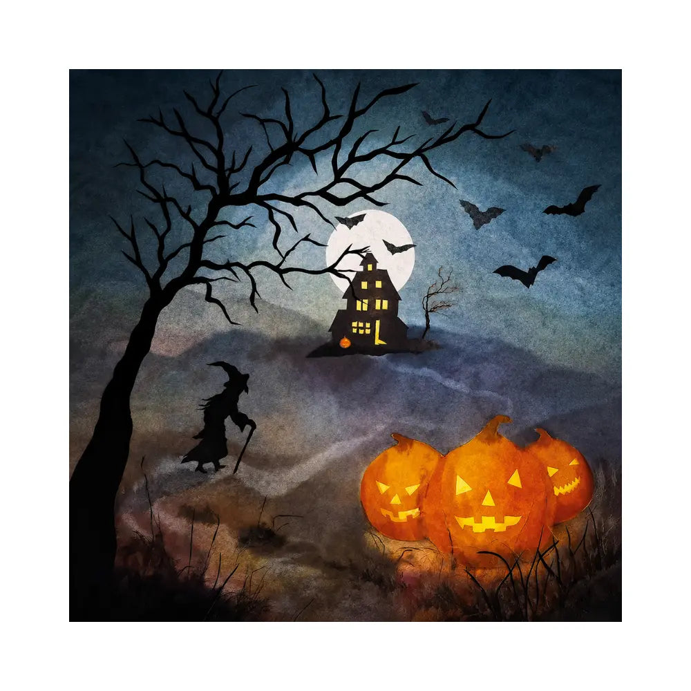 Toverlux lamp plate with glowing pumpkins, bats, moon, haunted house, and Halloween night scene.