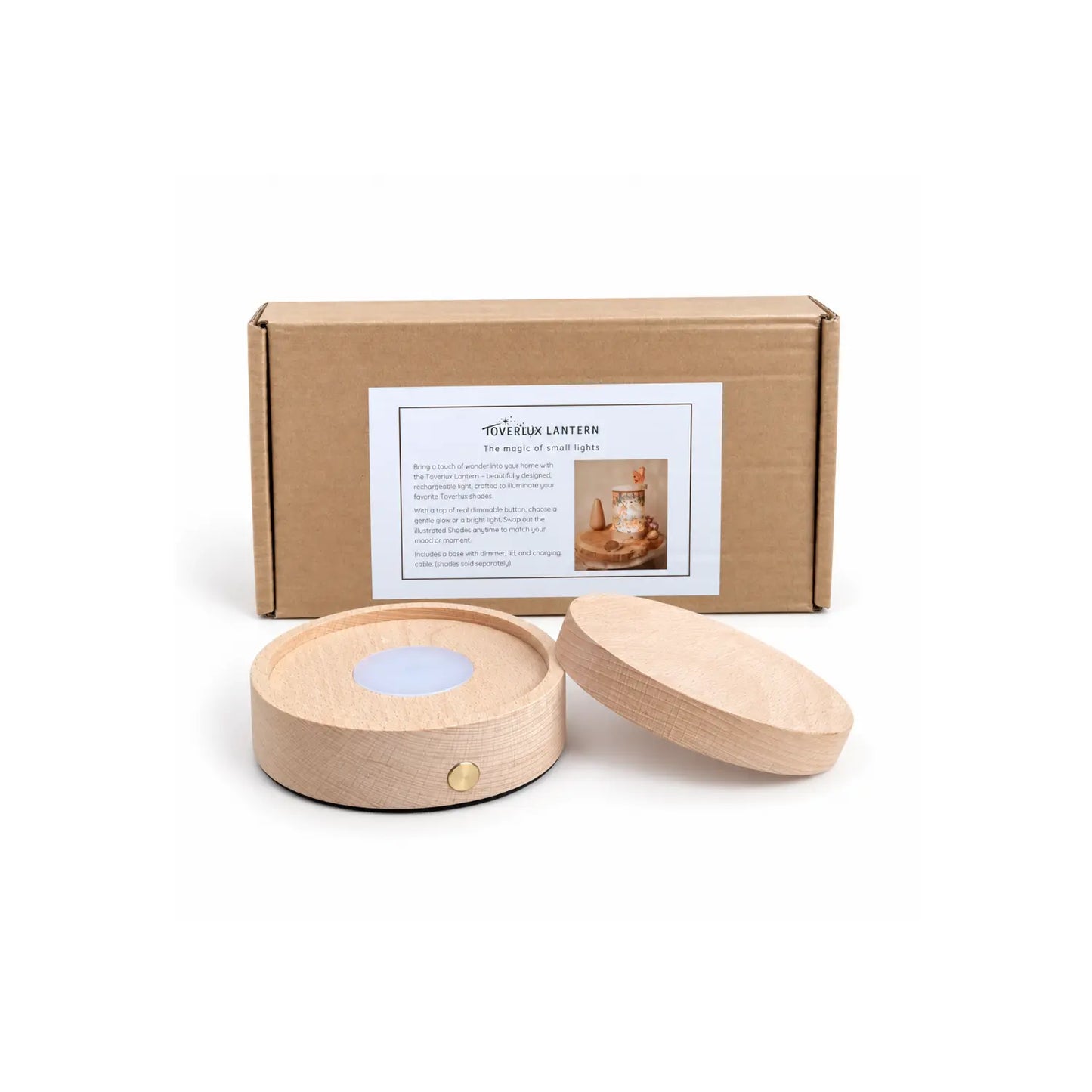 Toverlux rechargeable lantern wooden base and lid lifestyle scene