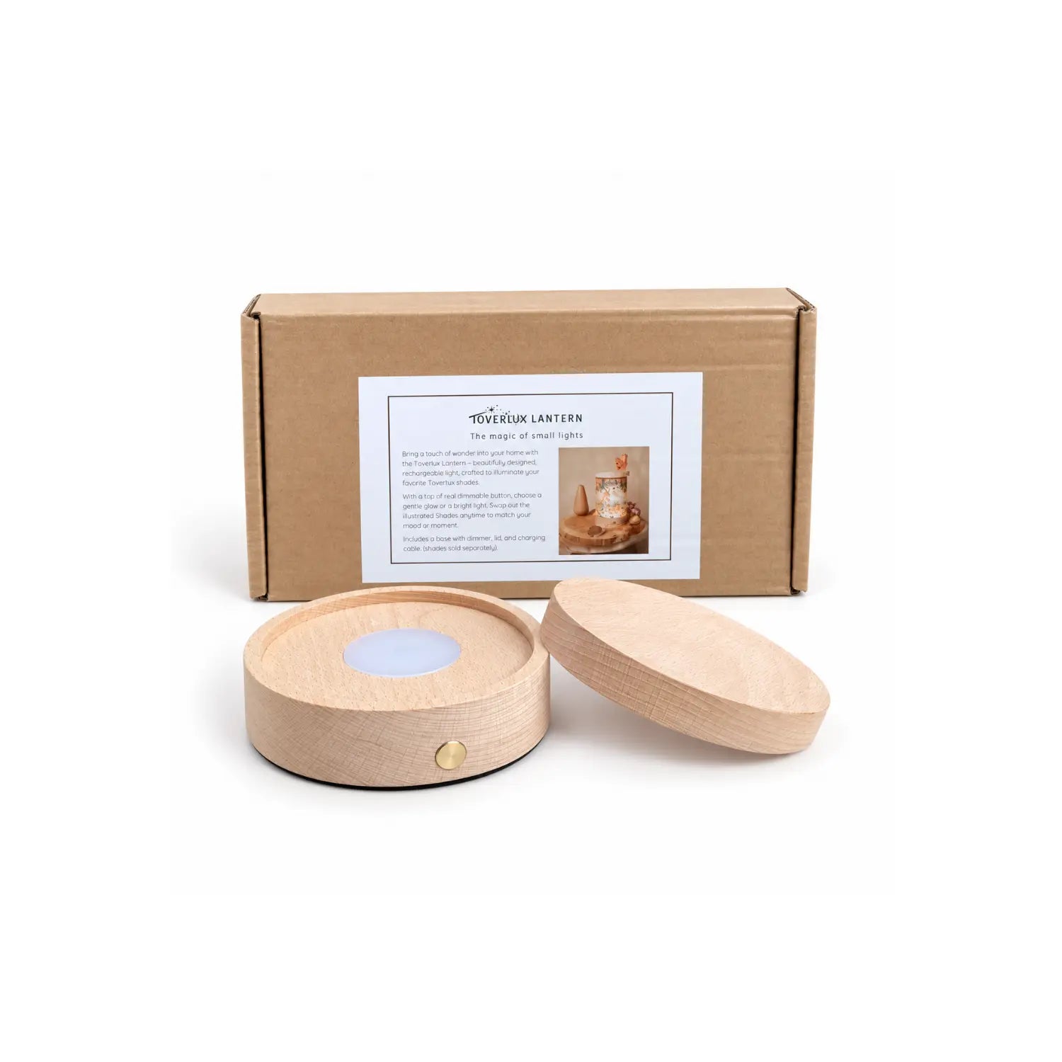 Toverlux rechargeable lantern wooden base and lid lifestyle scene
