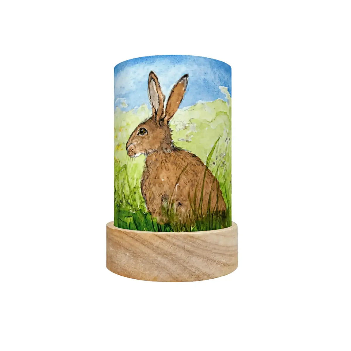 Toverlux lantern with a woodland rabbit shade on the wooden base